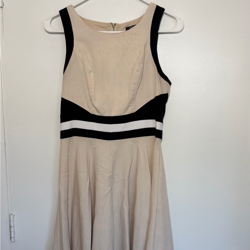 XOXO Beige Dress with Black & White Waistband